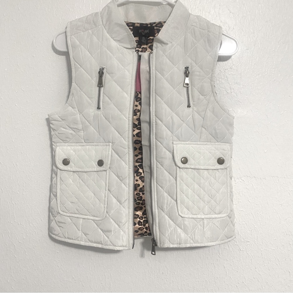 I.n. Girl White Puffer Jacket Vest with Leopard Print Inside XL (16)NWT